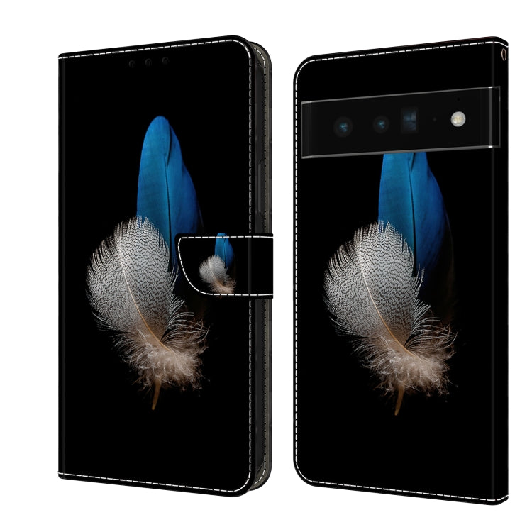 Leather phone case with blue feather and soft white plum detail on black