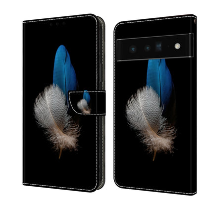 Leather phone case with blue feather and soft white plum detail on black