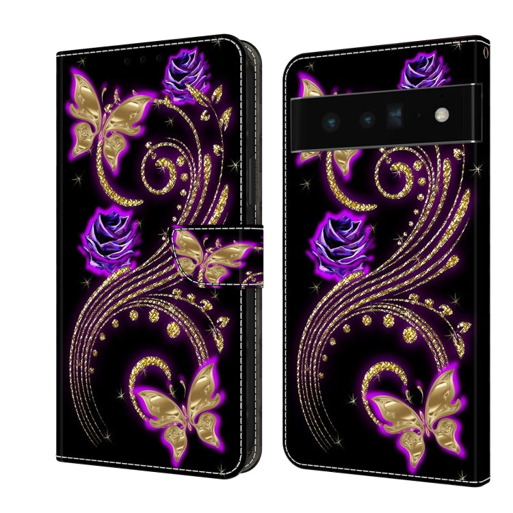 Protective leather phone case with purple roses, butterfly, and gold swirl ornament