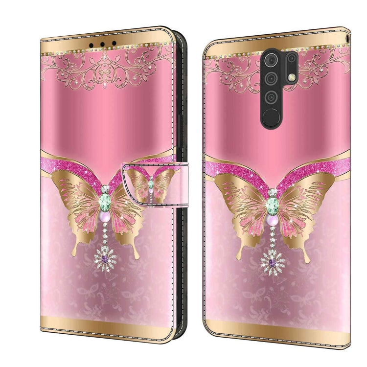 Pink leather phone case with gold butterfly and jewel 3D design, flip cover