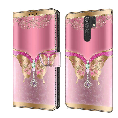 Pink leather phone case with gold butterfly and jewel 3D design, flip cover