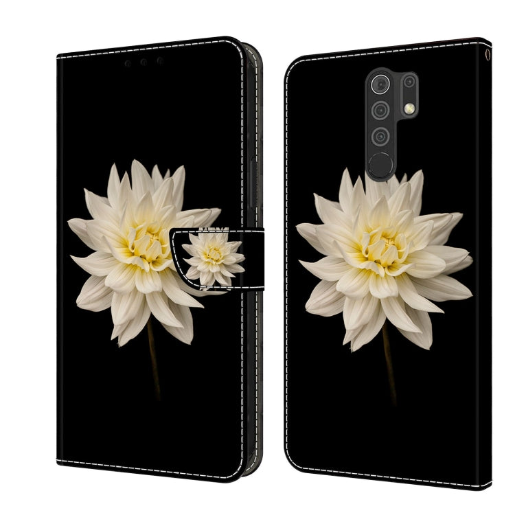 Black leather phone case with large white daisy 3D design and flip cover
