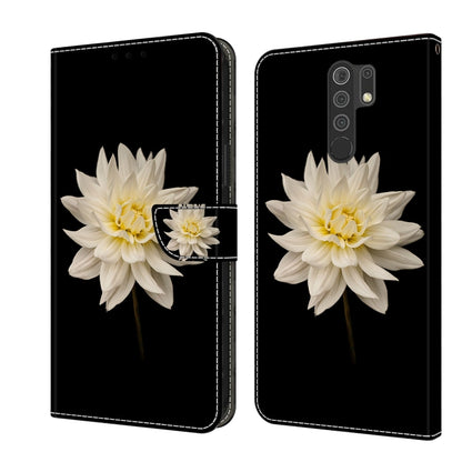 Black leather phone case with large white daisy 3D design and flip cover
