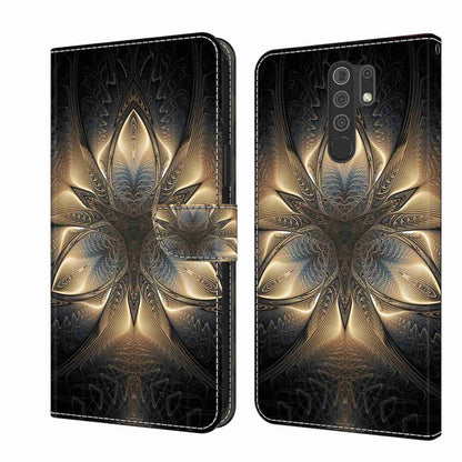 Black and gold ornate floral wallet phone case with magnetic strap and camera cutout