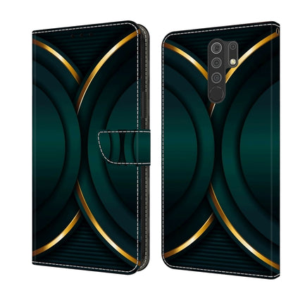 Dark teal abstract wave wallet phone case with gold trim and magnetic strap