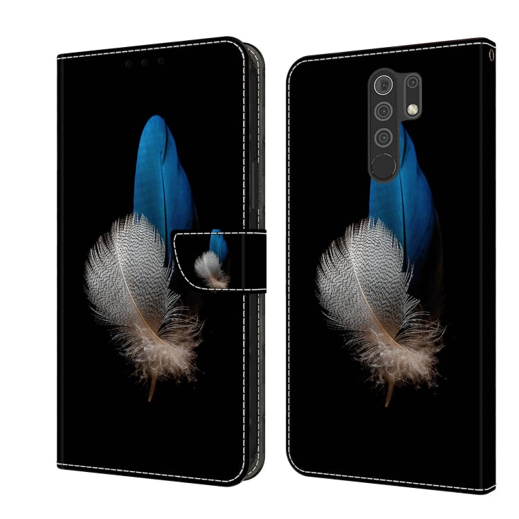 Black wallet phone case with blue feather and white feather detail and magnetic strap