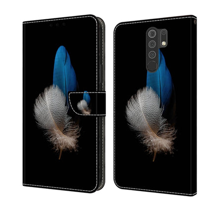 Black wallet phone case with blue feather and white feather detail and magnetic strap