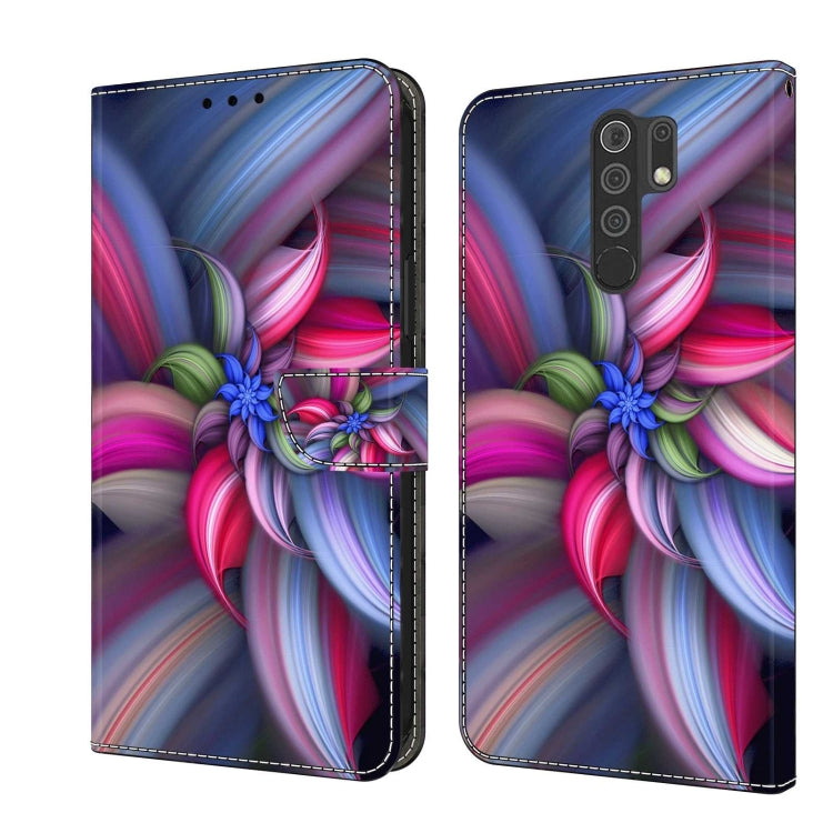Blue and pink abstract flower wallet phone case with magnetic strap and camera cutout