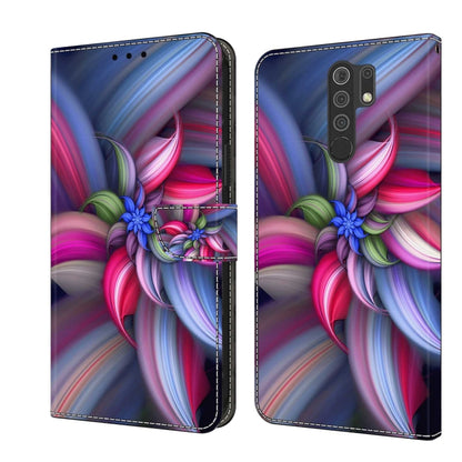 Blue and pink abstract flower wallet phone case with magnetic strap and camera cutout