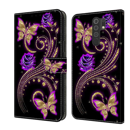 Shockproof phone case with purple butterfly and decorative swirls on a black folio flap