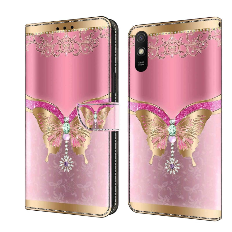 Pink butterfly flip phone case with ornate gold accents and card slot, pastel pink.