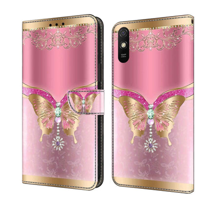 Pink butterfly flip phone case with ornate gold accents and card slot, pastel pink.
