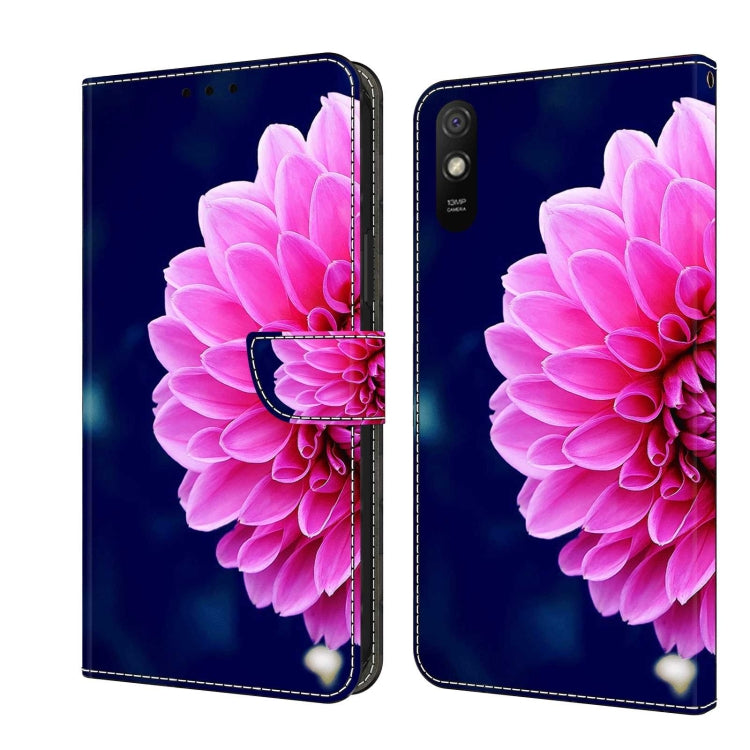 Pink flower flip phone case with protective card slot and stitched edges, navy blue.
