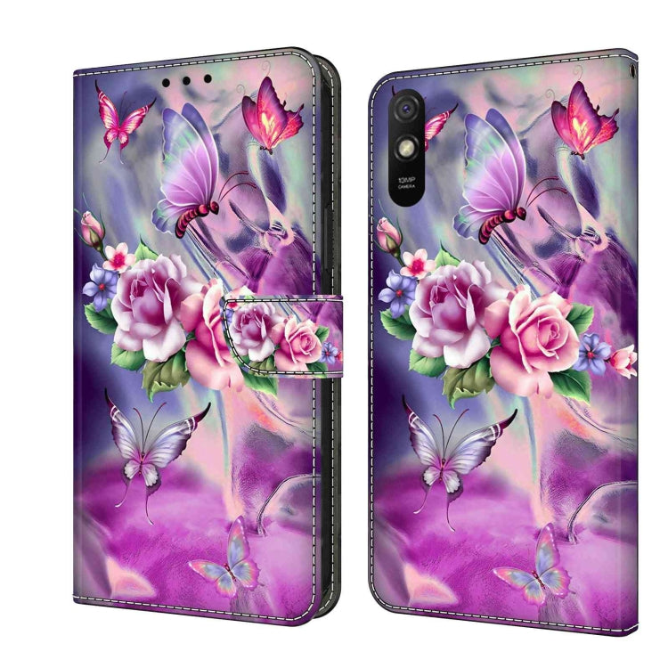 Shockproof leather phone case with purple butterfly, roses, and flip wallet clasp
