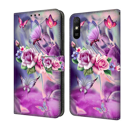 Shockproof leather phone case with purple butterfly, roses, and flip wallet clasp