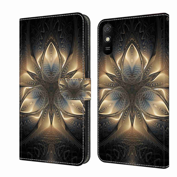 Shockproof leather phone case with gold and blue ornate star pattern, flip wallet clasp