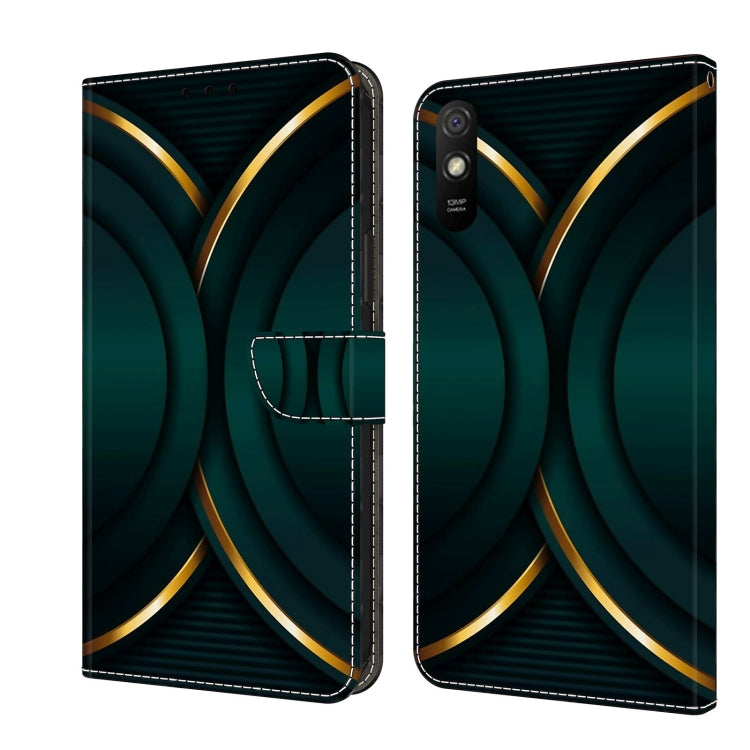 Shockproof leather phone case with teal geometric curves and gold trim, flip wallet clasp