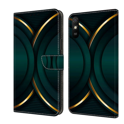 Shockproof leather phone case with teal geometric curves and gold trim, flip wallet clasp