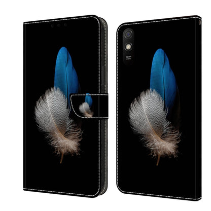 Shockproof leather phone case with blue feather design on black, flip wallet clasp
