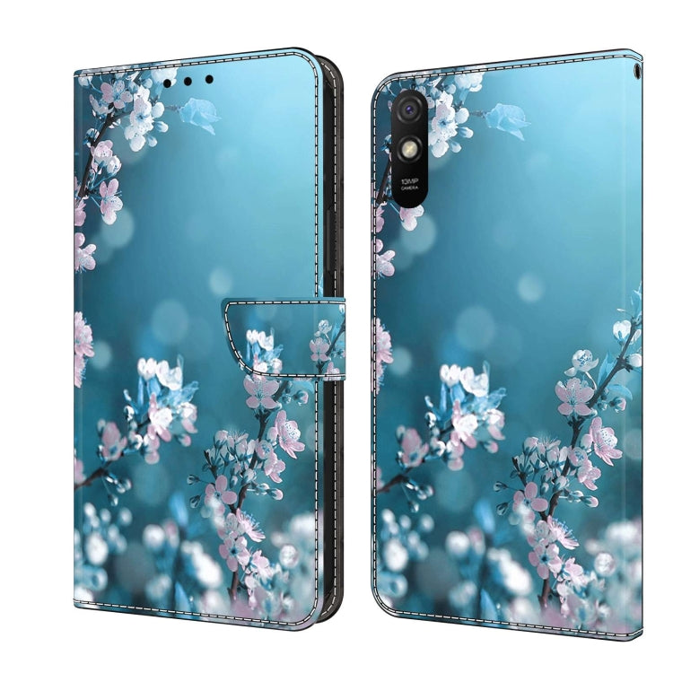 Shockproof leather phone case with light blue floral blossoms and flip wallet clasp