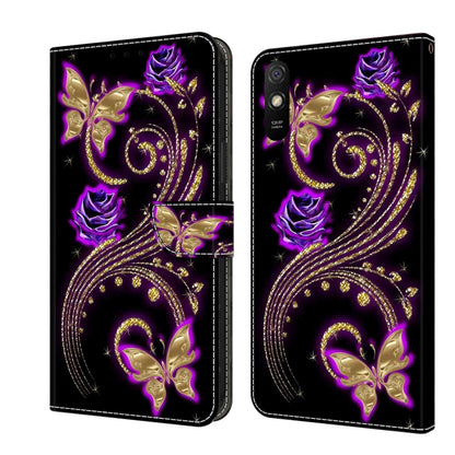 Black leather phone case with purple-gold peacock and butterfly 3D design, flip cover