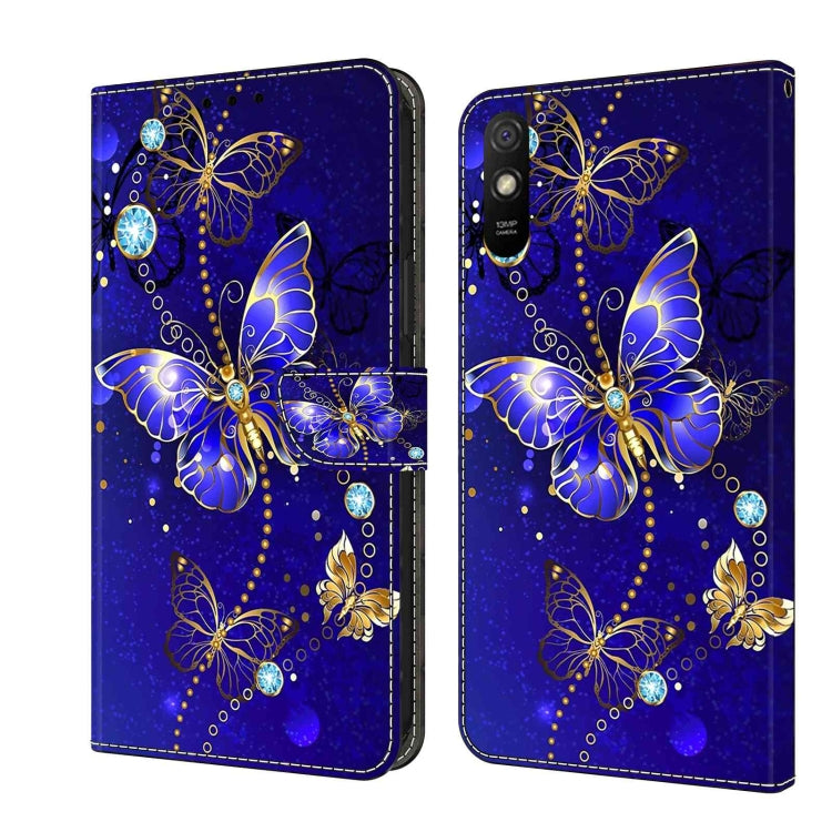 Blue leather phone case with glowing butterfly and gem 3D pattern, flip cover
