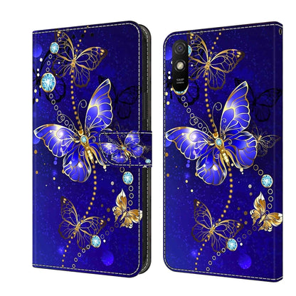 Blue leather phone case with glowing butterfly and gem 3D pattern, flip cover