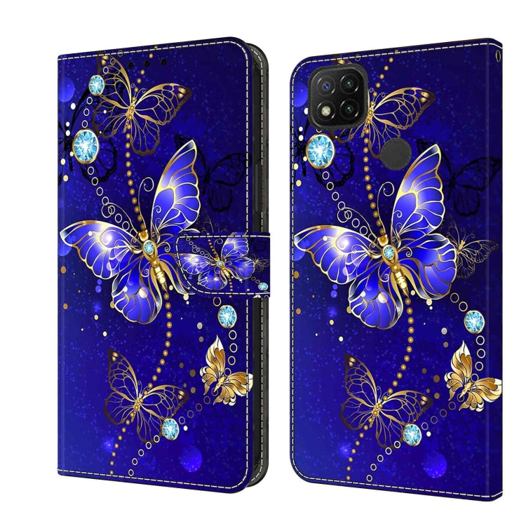 Blue leather phone case with butterfly artwork and rhinestone-like crystal accents