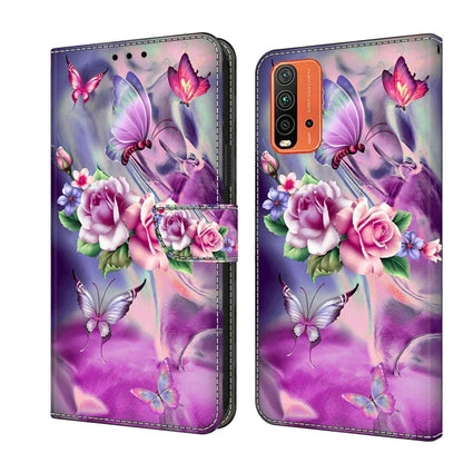 Flip leather phone case with purple butterfly and rose bouquet print