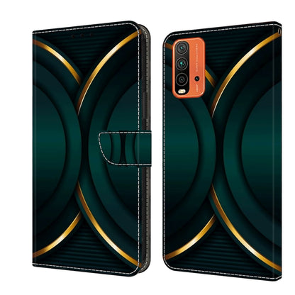 Flip leather phone case with dark teal abstract arcs and gold frame trim
