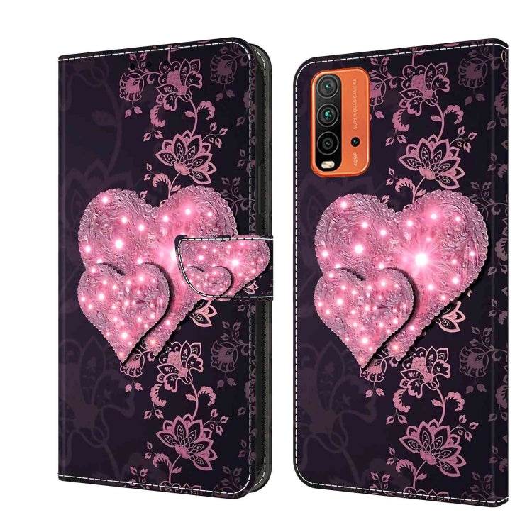 Flip leather phone case with pink light-up heart glitter and floral damask pattern
