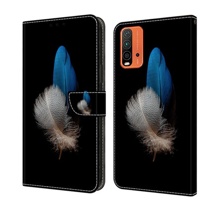 Flip leather phone case with blue and silver feather artwork and card slot