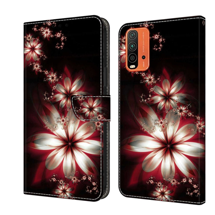 Flip leather phone case with red and white flower burst and crystal-like sparkle