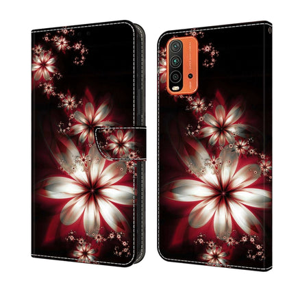 Flip leather phone case with red and white flower burst and crystal-like sparkle