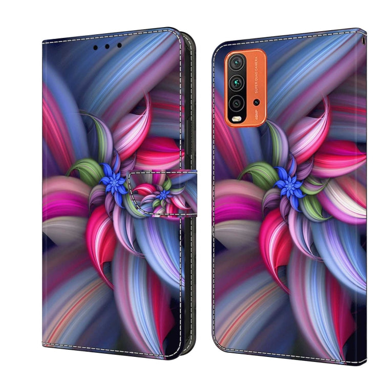 Colorful floral flip phone case with 3D swirl design and card slot, blue/pink.