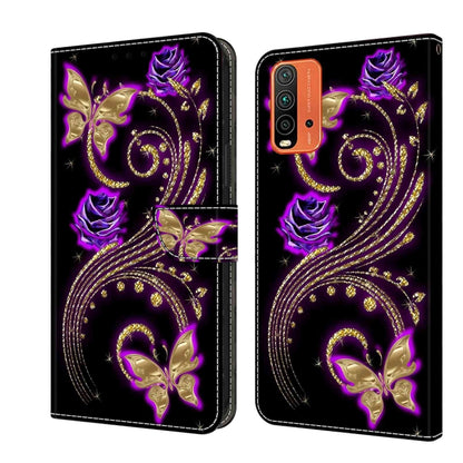Purple rose butterfly flip phone case with gold glitter detailing and card slot, black.