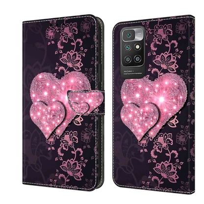 Crystal 3D leather phone case with glowing pink heart and floral damask pattern
