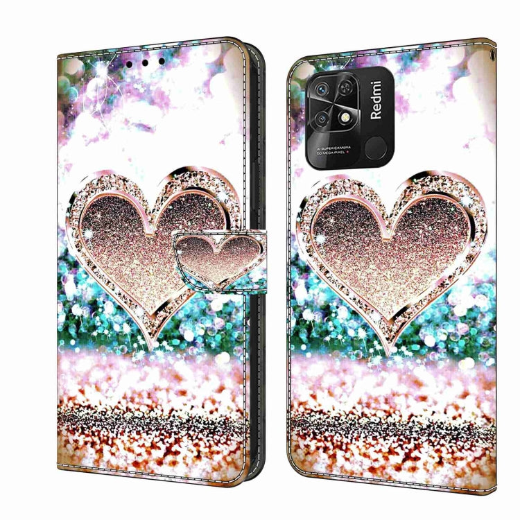 Crystal 3D flip phone case with glitter heart design and leather-look edges