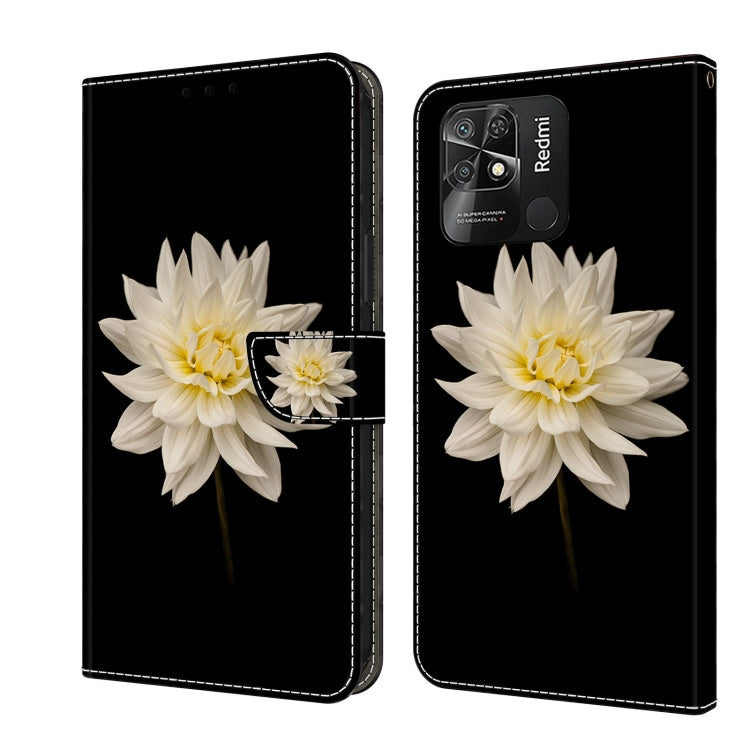 Leather-look flip phone case with large white flower design and front clasp