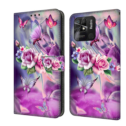 Leather-look flip phone case with purple butterfly and floral bouquet print