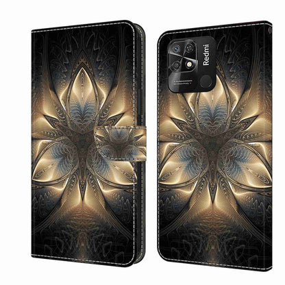 Leather-look flip phone case with ornate gold and blue embossed pattern