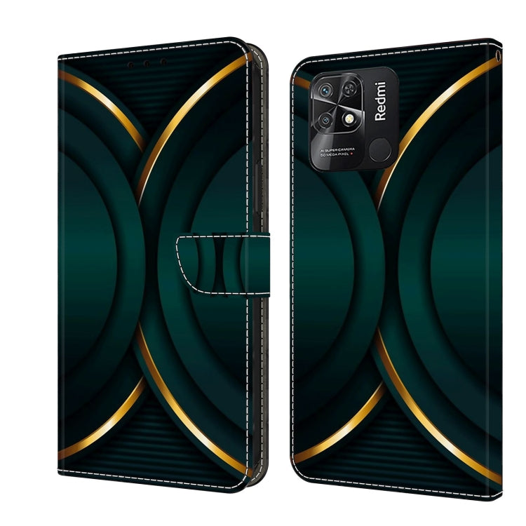 Leather-look flip phone case with teal waves and gold curved trim