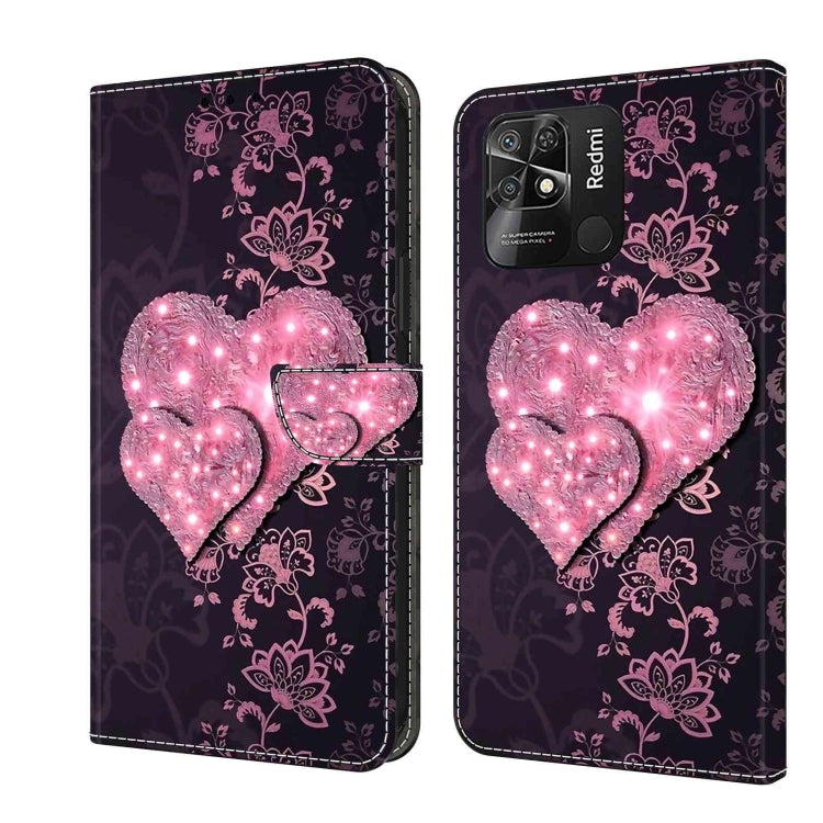 Leather-look flip phone case with glowing pink heart and dark floral pattern