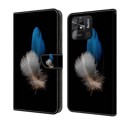 Leather-look flip phone case with blue and silver feather design