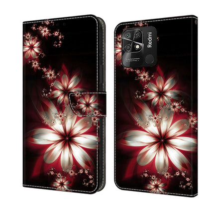 Leather-look flip phone case with red floral burst and white flower accents