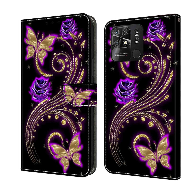 Purple and gold butterfly leather-style wallet phone case with ornate swirl design.