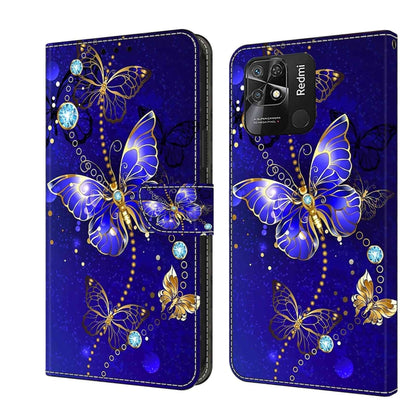 Blue butterfly leather-style wallet phone case with gold accents and crystal details.