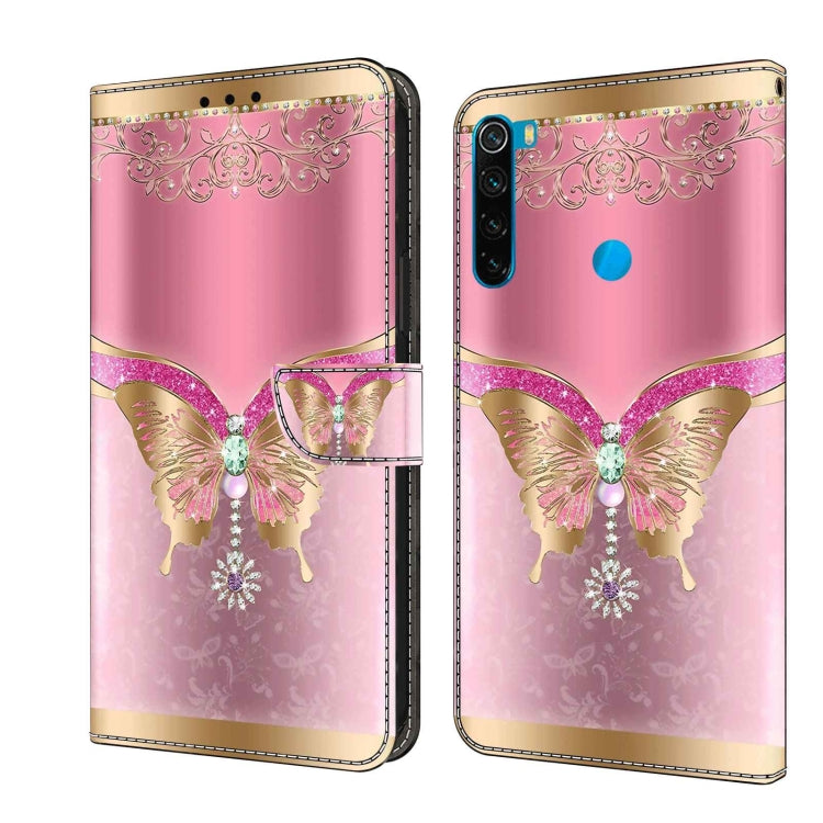 Leather flip phone case with pink butterfly and ornate lace band design.