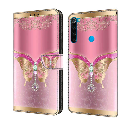 Leather flip phone case with pink butterfly and ornate lace band design.