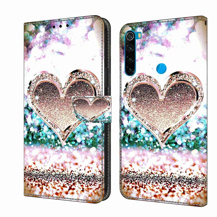 Leather flip phone case with glitter heart outline and sparkling confetti background.